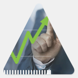 Man showing stock price touchscreen concept triangle sticker