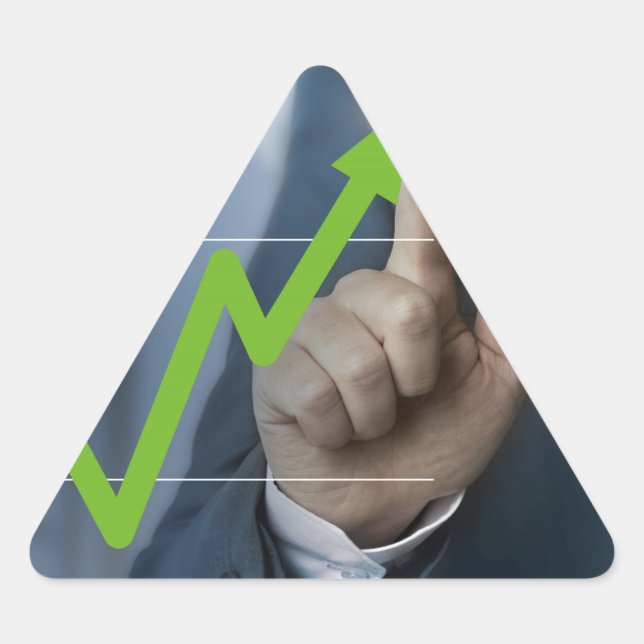 Man showing stock price touchscreen concept triangle sticker (Front)