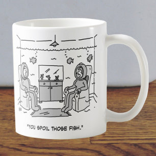 Man Spoils His Tropical Fish - Funny Cartoon on a Coffee Mug