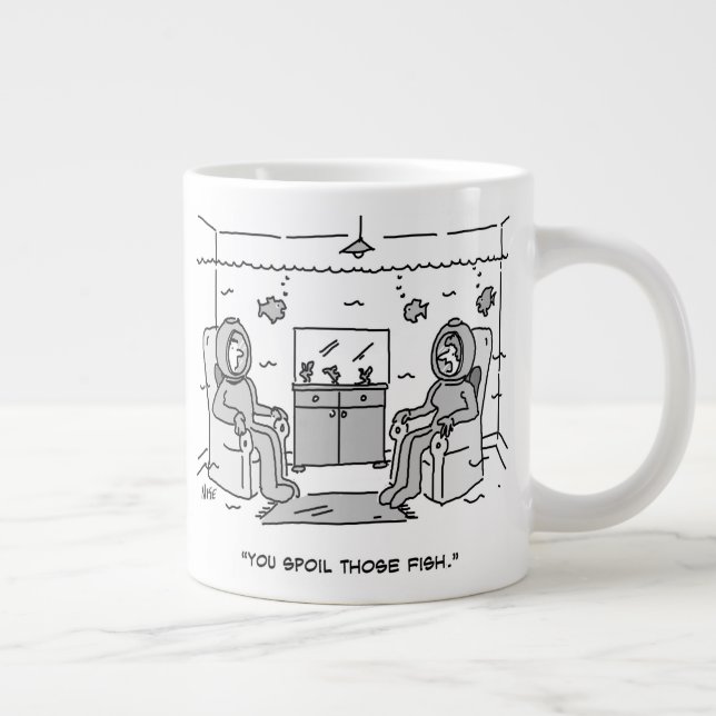 Man Spoils His Tropical Fish - Funny Cartoon on a Large Coffee Mug (Right)