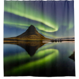 MAN STANDING BESIDE THE BODY OF WATER WITH AURORA  SHOWER CURTAIN