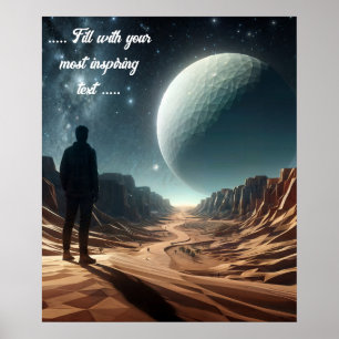 Man standing in the desert looking at full moon poster