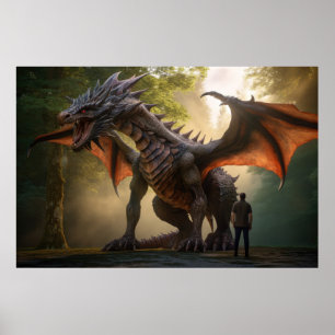 Man stands in front of dragon, poster
