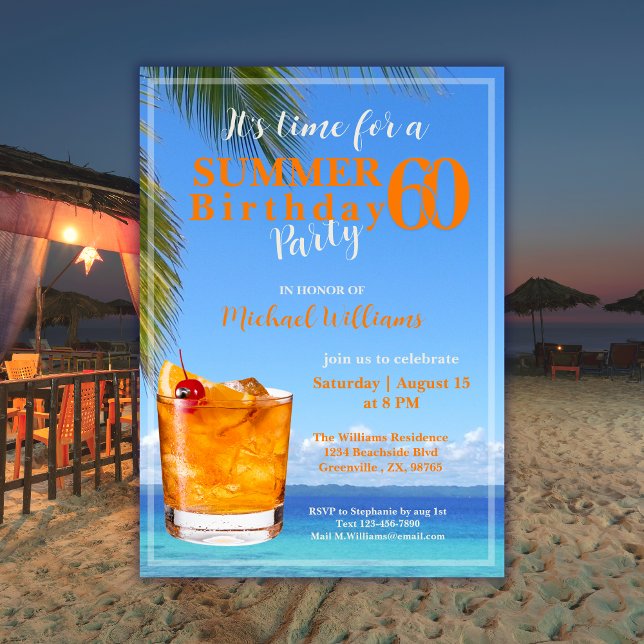Man Summer Ocean Cocktail 60th Birthday Party Invitation (Creator Uploaded)