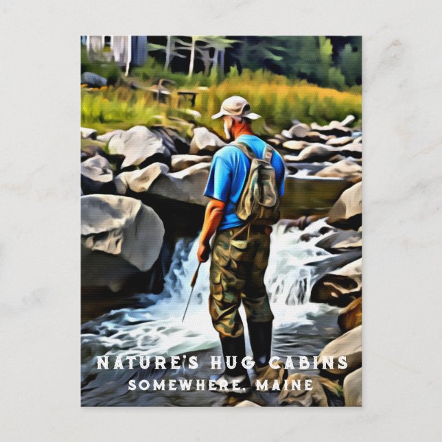 *~* Man Sun Fishing Stream Maine AP49 Caabin Postcard (Front)