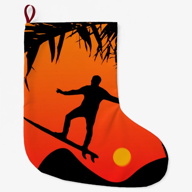 Man Surfing at Sunset Graphic Illustration Large Christmas Stocking (Front)