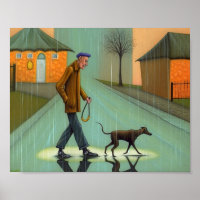 Man Walking Dog In Rain