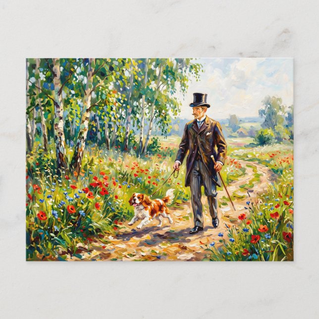Man Walking Field Path with Cavalier Spaniel Postcard (Front)