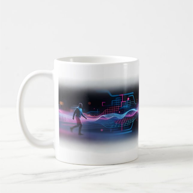 Man Walking Into Neon Digital Wave Field Mug (Left)
