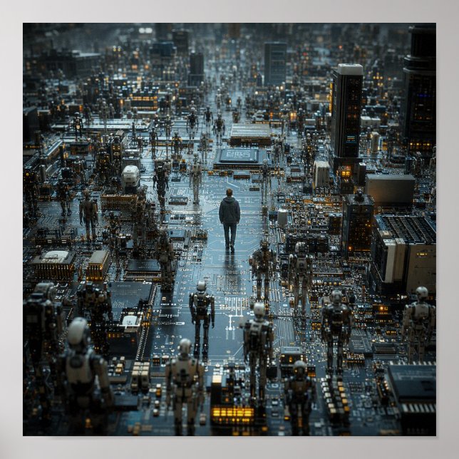 Man Walking Through Robot Cityscape Poster (Front)