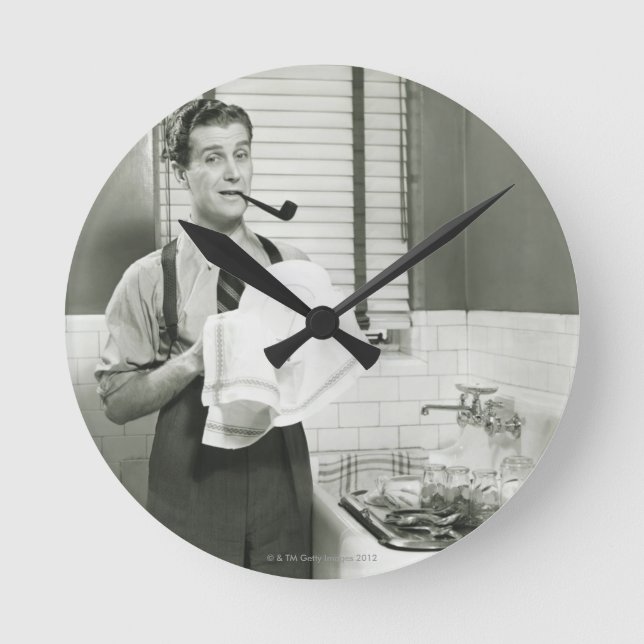 Man Washing Dishes Round Clock (Front)