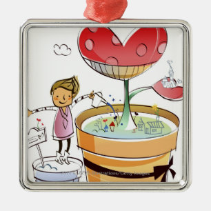 Man watering a potted plant metal tree decoration