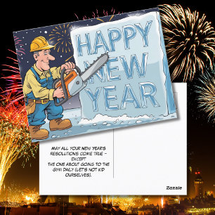 Man wearing work outfit carving ice new years  postcard