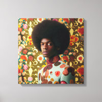 Man with an afro standing in front of a floral wal