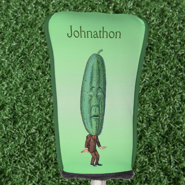 Man With Big Pickle for Head Surprised Face Green Golf Head Cover (Silly man brown suit big green pickle head with face on light green golf club cover.)