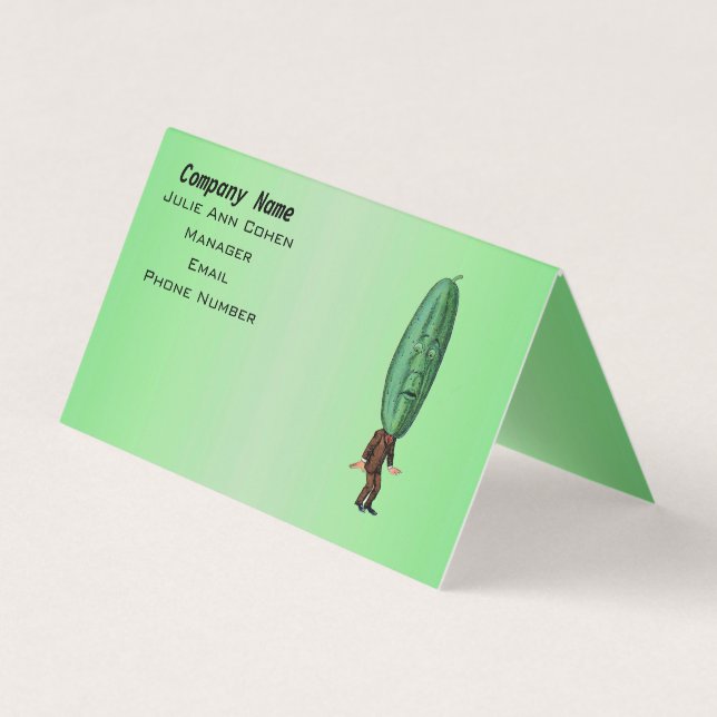 Man With Big Pickle Head and Face in Suit on Green Business Card (Front)