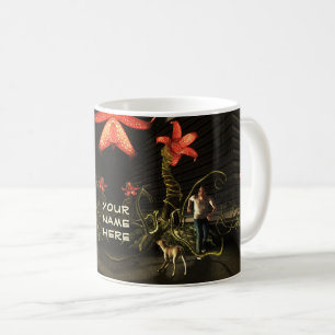 Man with dog escaping from city coffee mug