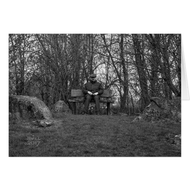 Man with Flat Cap on Bench card. (Front Horizontal)
