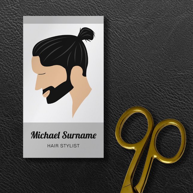 Man With Man Bun & Beard Illustration Hair Stylist Business Card (Business card design for barbers, hairdressers and hair stylists.)