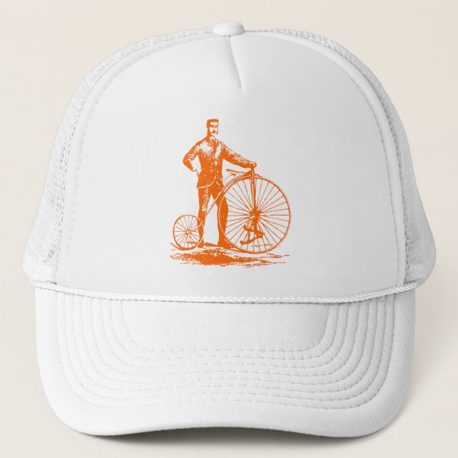 Man with Penny Farthing - Orange Trucker Hat (Front)