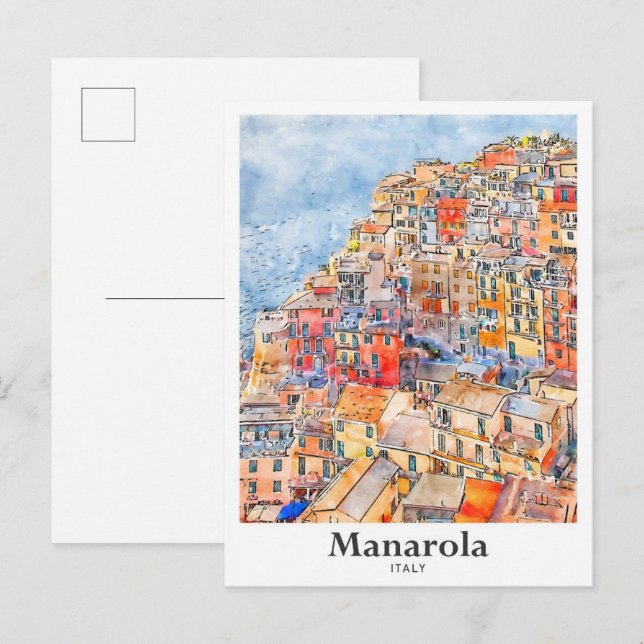 Manarola Italy Travel Watercolor Hand Drawn Postcard (Front/Back)