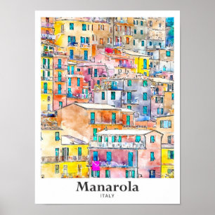 Manarola Italy Travel Watercolor Hand Drawn Poster