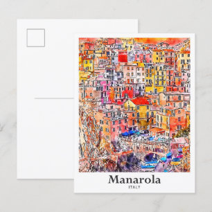 Manarola Italy Travel Watercolor Hand Drawn Sketch Postcard