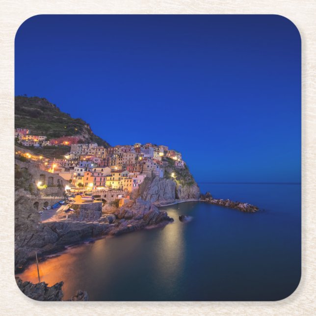 Manarola town in the Cinque Terre in the evening Square Paper Coaster (Front)