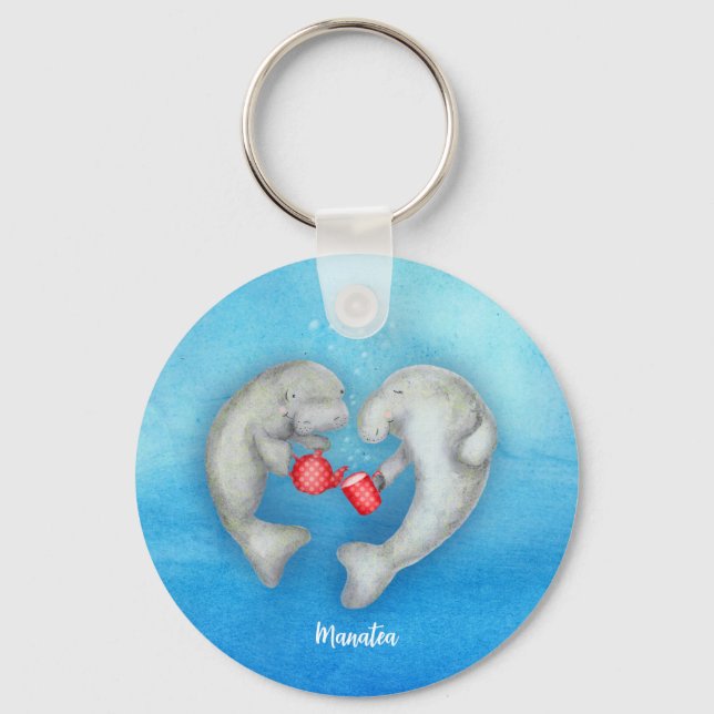 'Manatea for two' tea drinking manatees key ring (Front)