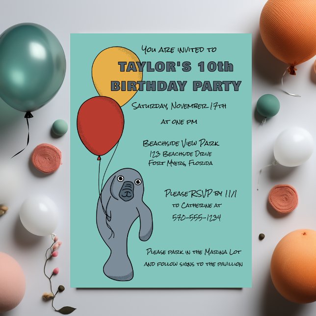 Manatee and Balloons Custom Birthday Party Invitation (Creator Uploaded)