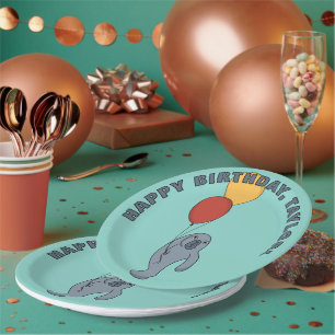 Manatee and Balloons Custom Birthday Party Paper Plate