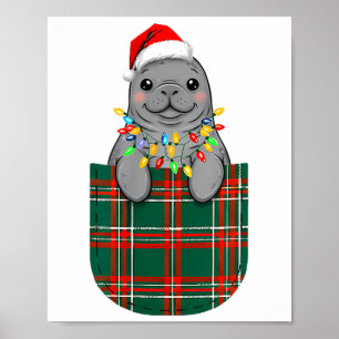 Manatee Buffalo Plaid Green Red White Cket Christm Poster