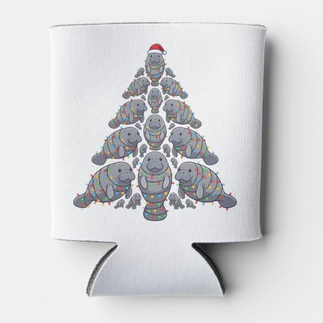 Manatee Christmas Tree Santa Hat Christmas Lights  Can Cooler (Front)