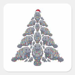 Manatee Christmas Tree Santa Hat Christmas Lights Square Sticker