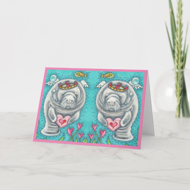 MANATEE CUPID, BUBBLES & HEARTS COLORFUL VALENTINE HOLIDAY CARD (Front)
