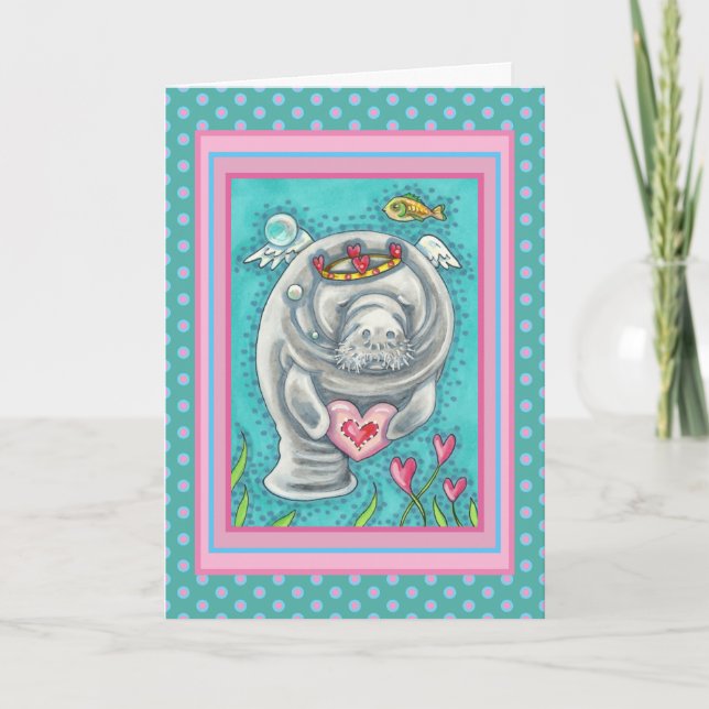 MANATEE CUPID, BUBBLES & HEARTS COLORFUL VALENTINE HOLIDAY CARD (Front)