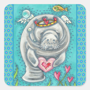 MANATEE CUPID, BUBBLES & HEARTS COLORFUL VALENTINE SQUARE STICKER