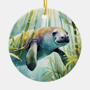Manatee Florida Watercolor Ceramic Tree Decoration