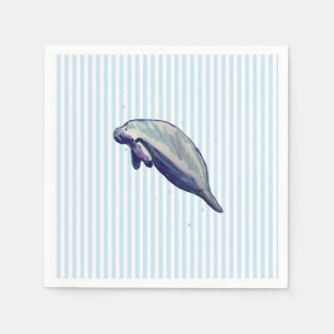 Manatee Painting Beach Decor Nautical Blue Stripe Napkin
