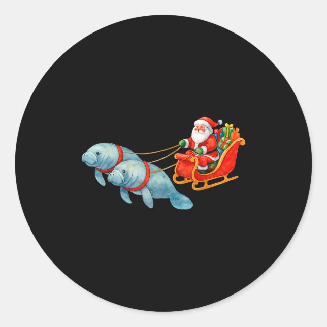 Manatee Santa Christmas Sleigh - Funny Manatee Xma Classic Round Sticker (Front)