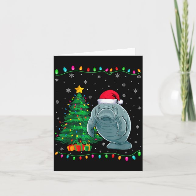 Manatee Santa Hat Men Women Kids Christmas Tree Li Card (Front)