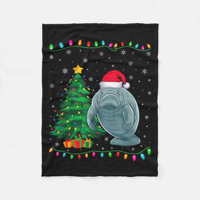 Manatee Santa Hat Men Women Kids Christmas Tree Li Fleece Blanket (Front)
