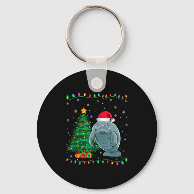 Manatee Santa Hat Men Women Kids Christmas Tree Li Key Ring (Front)