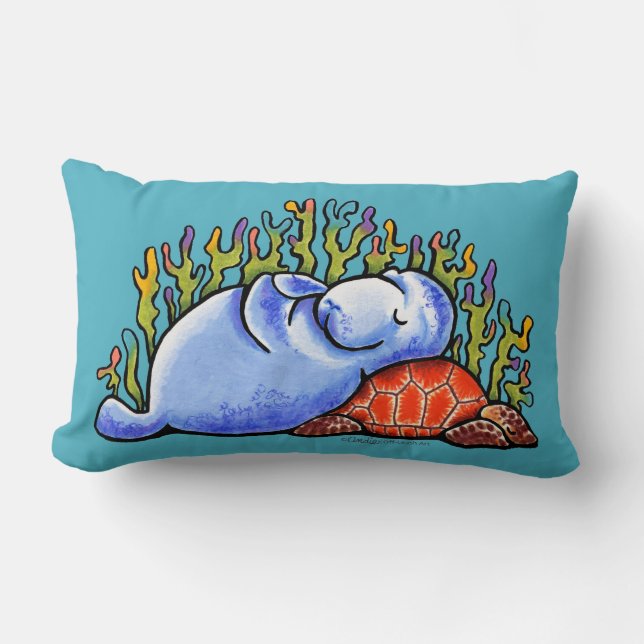 Manatee Sea Turtle Slumber Party Ocean Blue Lumbar Cushion (Front)