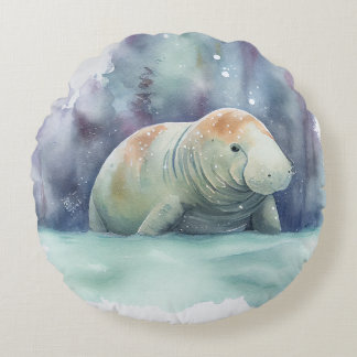 manatee, snow, watercolor round cushion