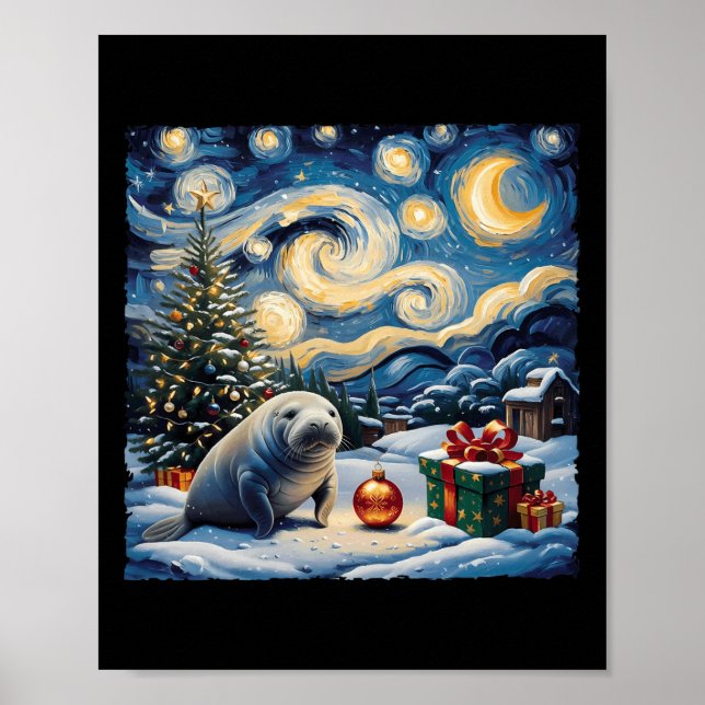 Manatee Van Gogh Style Starry Night Christmas Wint Poster (Front)