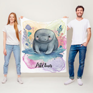 Manatee Watercolor Print  Fleece Blanket