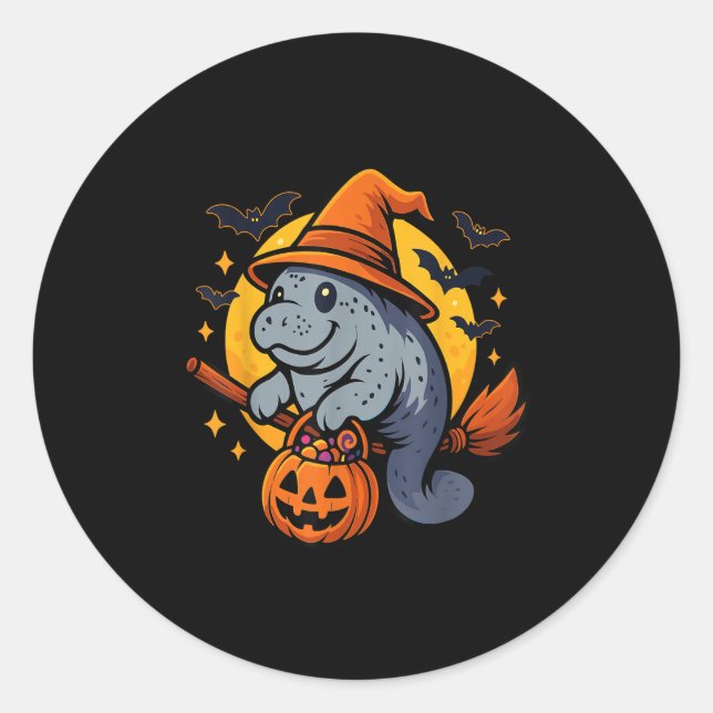 Manatee Witch Hat Pumpkin Halloween Soky Season  Classic Round Sticker (Front)