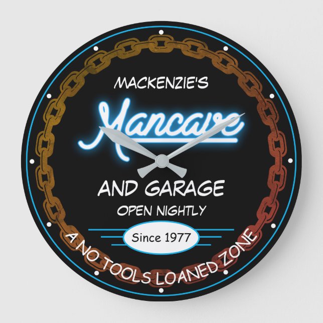 Mancave and Garage Name Date Chain Blue on Black   Large Clock (Front)
