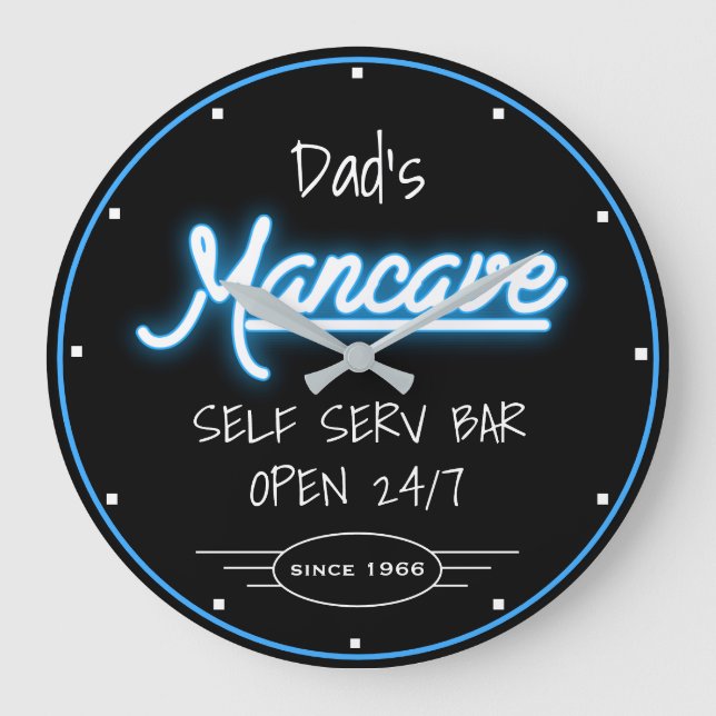 Mancave Neon Blue Script Dad's Any Name Bar Retro Large Clock (Front)